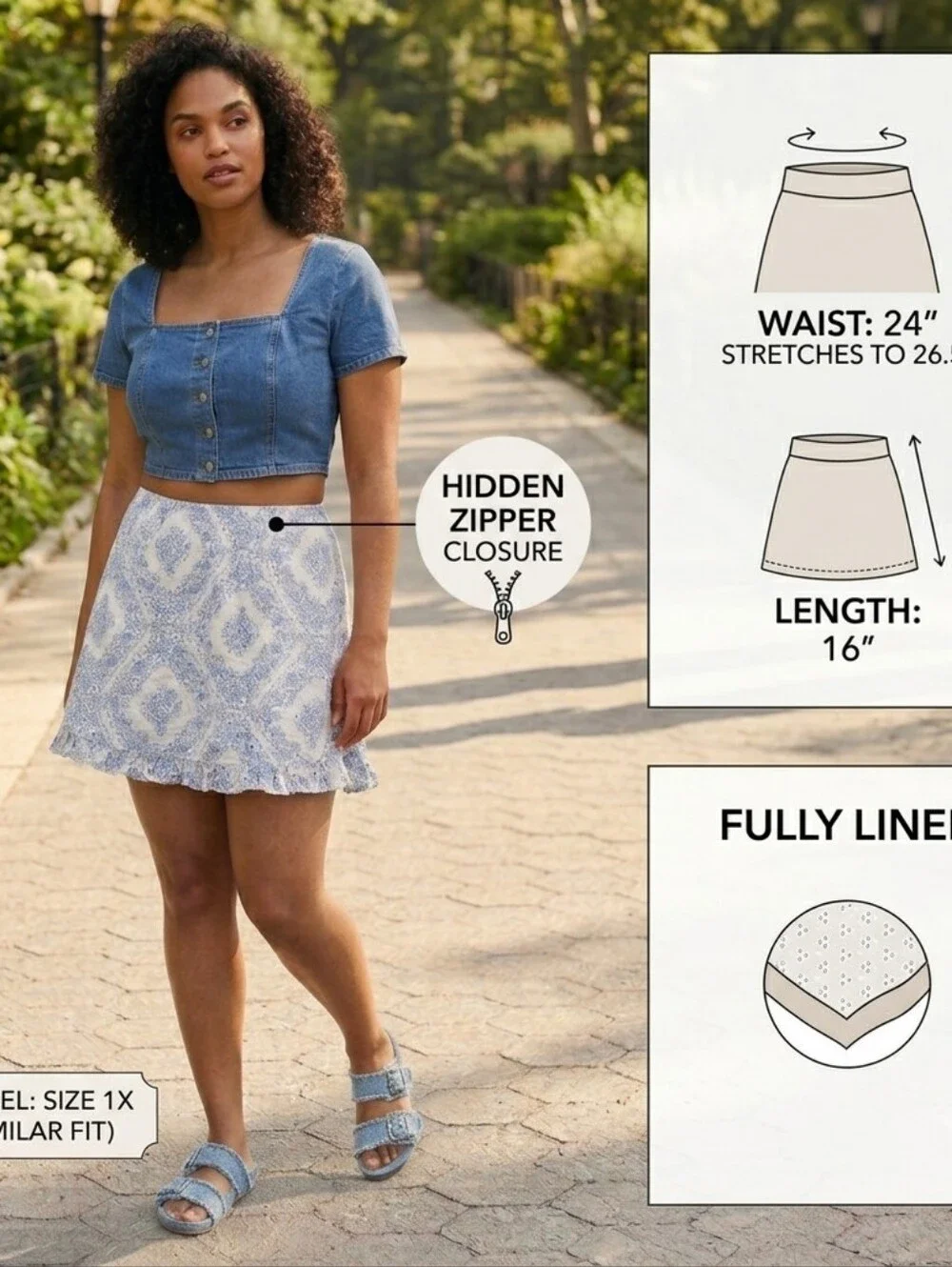 Wild Fable Eyelet Ruffle Mini Skirt Blue White Floral Toile Cottagecore 2X NWT